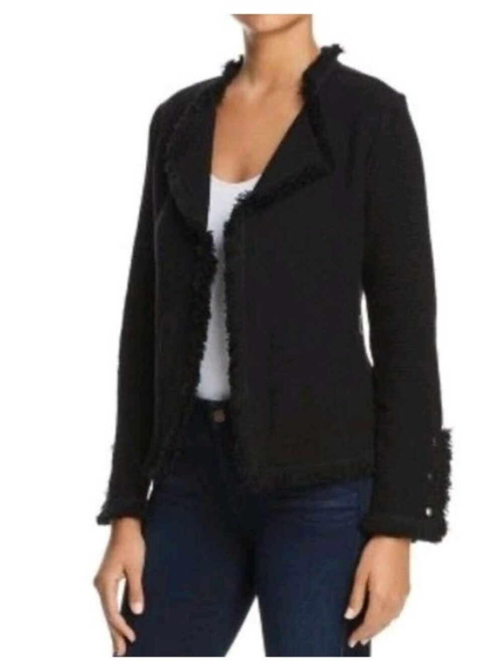 Nic+Zoe Black Fringed Open Front Jacket XS Womens Casual Textured Blazer